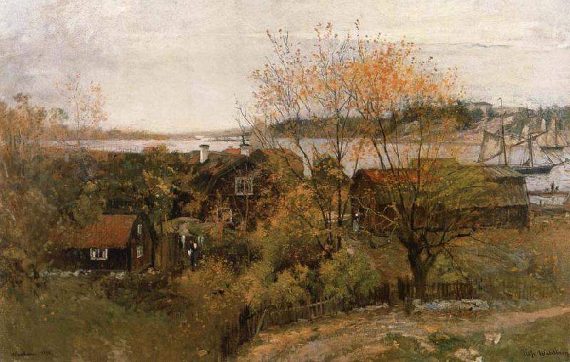 Alfred Wahlberg Landscape stamp Vaxholm Sweden oil painting art